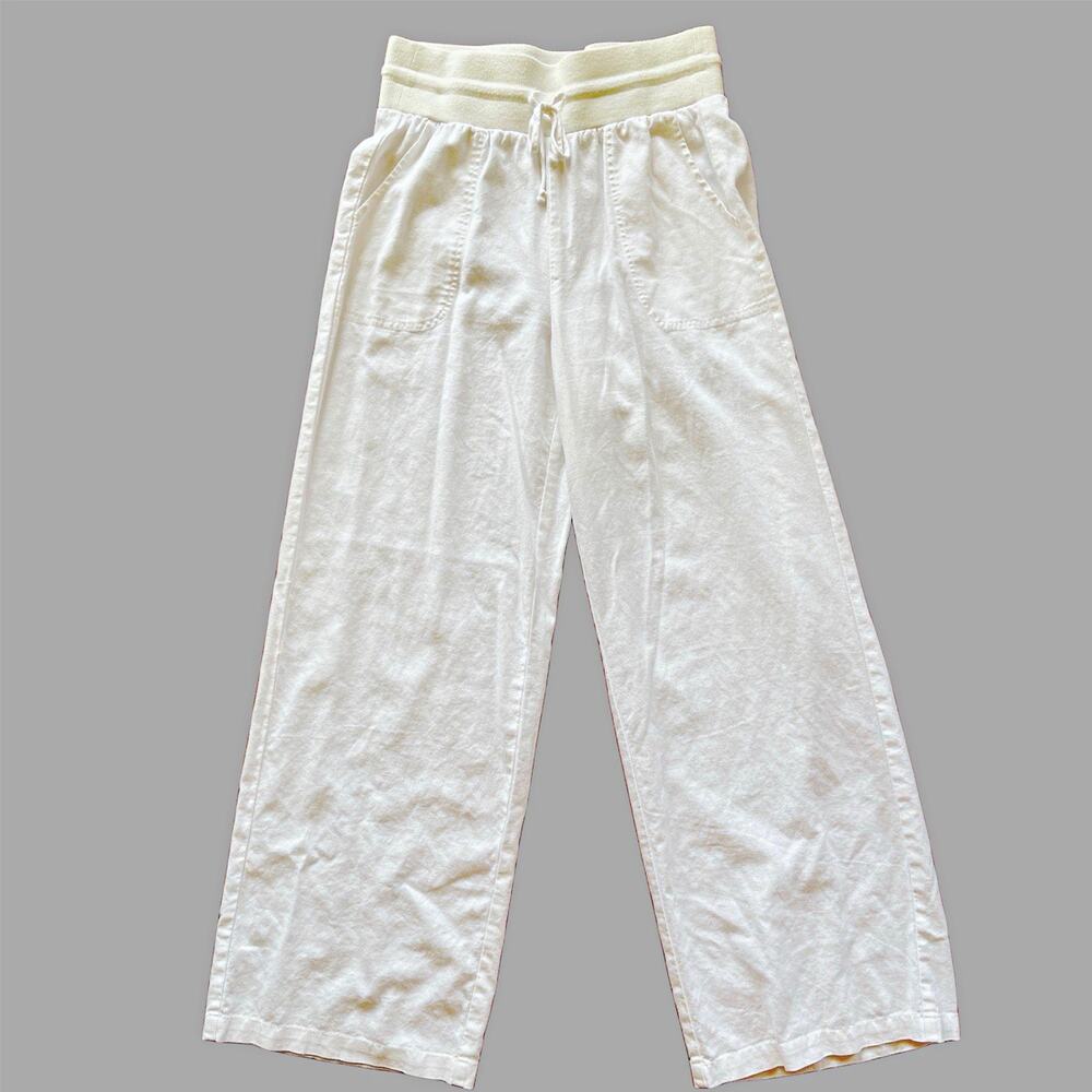 Dictionary EUC Women White Rayon/Linen Wide-Leg Pants Drawstring Elastic Waist S